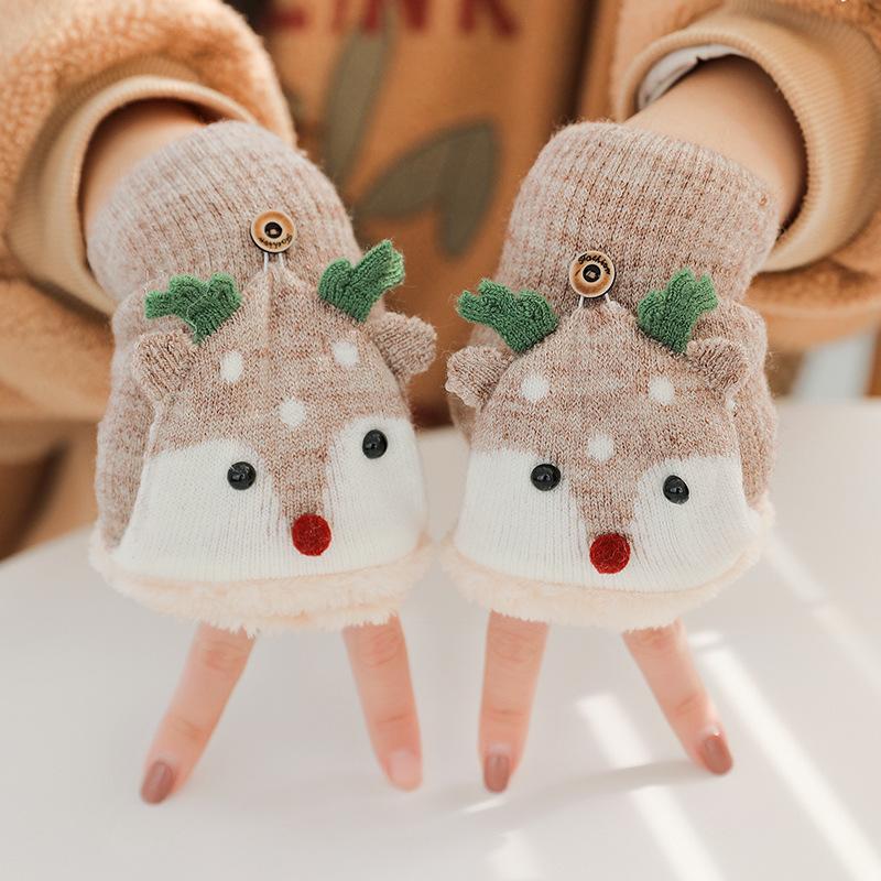Gloves female winter cute student writing bare finger half male warm fleece flip child half finger Christmas