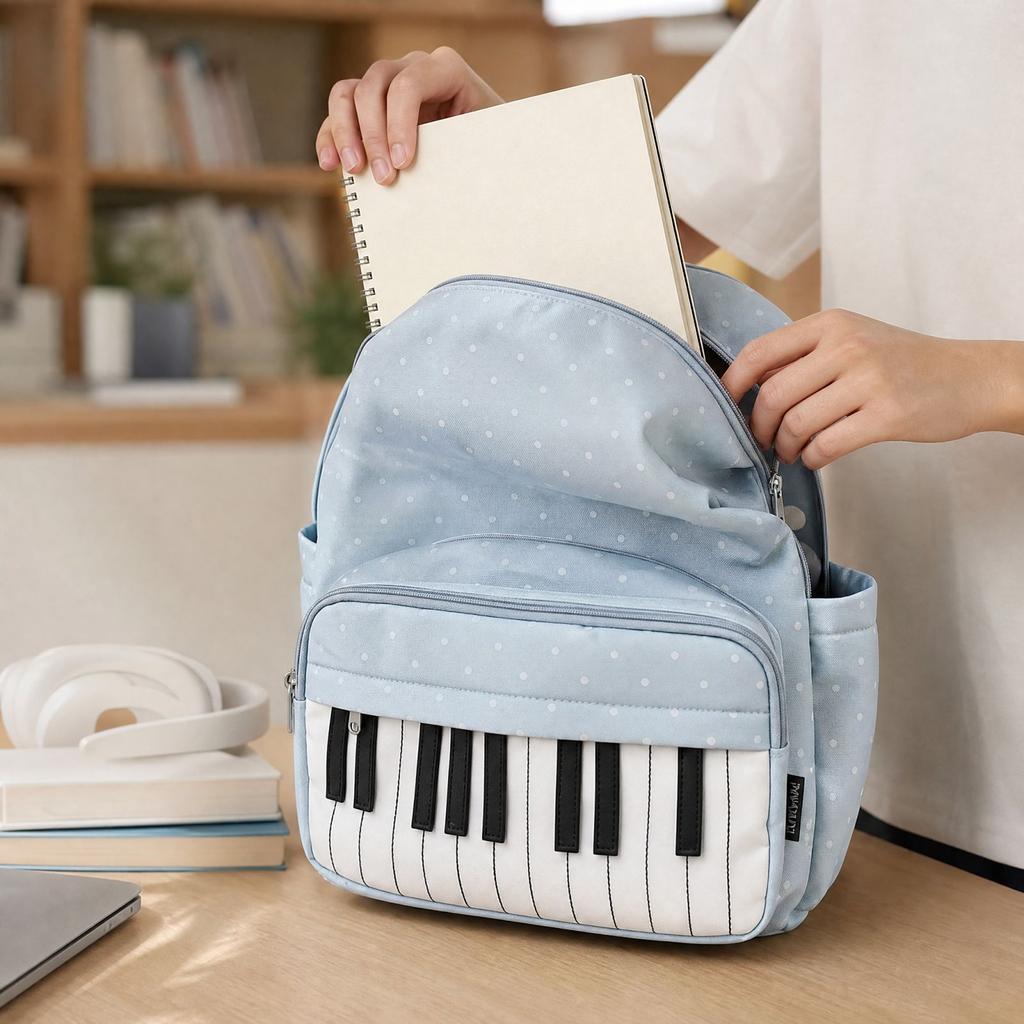 Piano Pattern Backpack for Teen Girls High School Students Cute Versatile Campus Travel Bookbag