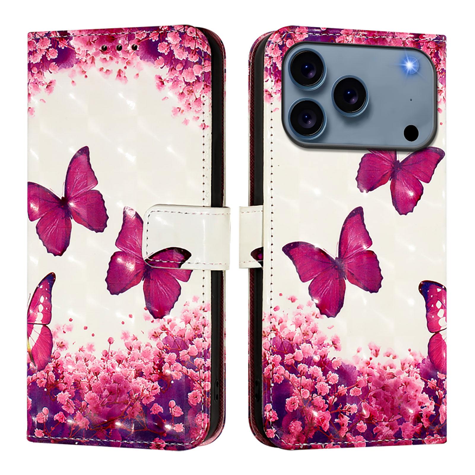 

For iPhone 17 Pro Max Leather Case Pattern Printing Wallet Stand Mobile Cover with Strap Rose Butterflies