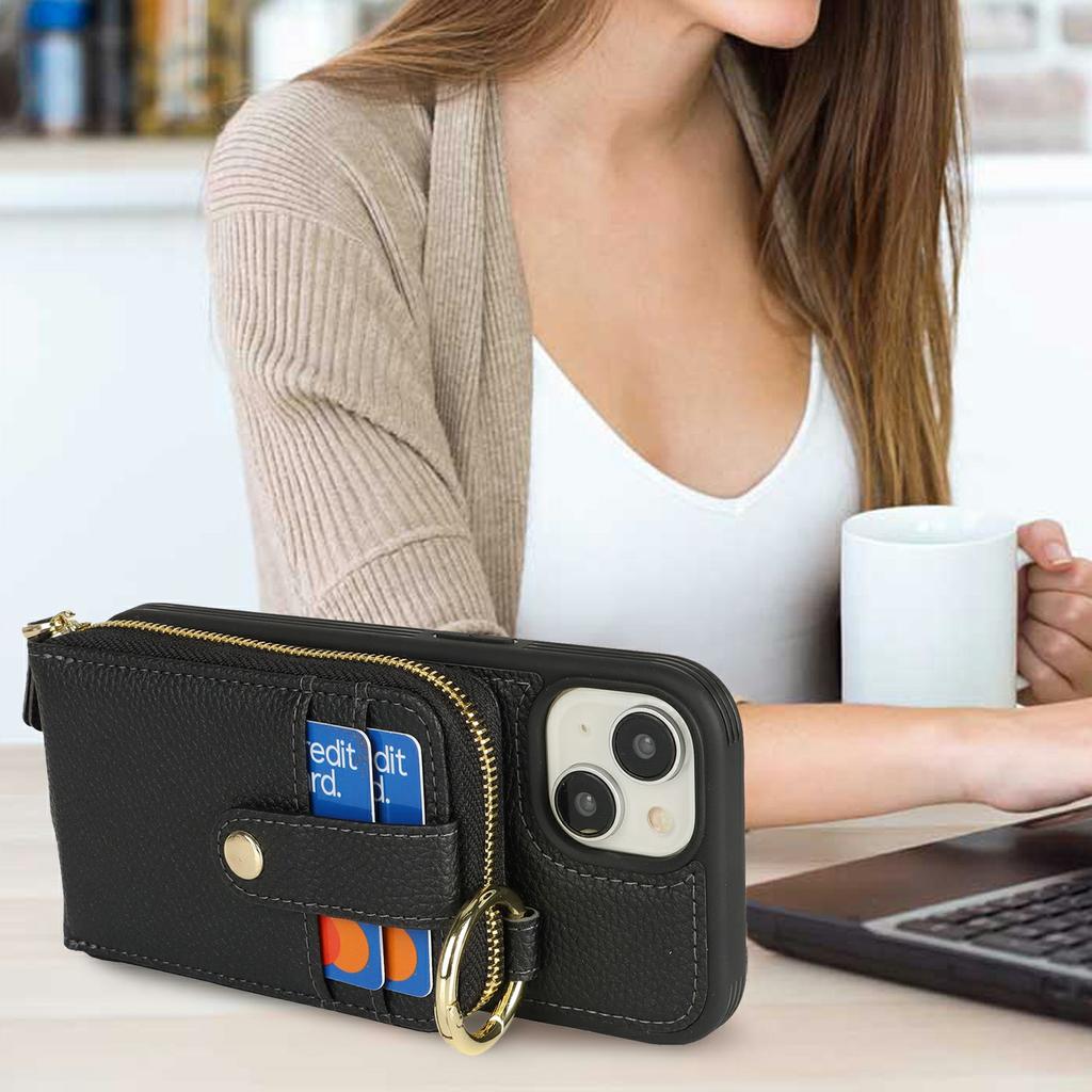 For iPhone 15 Case with Zipper Pouch/Ring Kickstand/Strap Litchi Texture PU+TPU Phone Cover
