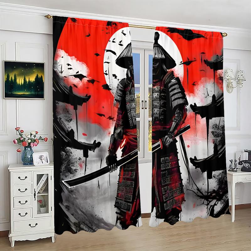 2pcs- Ukiyo-e Samurai Polyester Curtains, Pole Bag Curtains 42*84, Bedroom, Living Room, Home Room Decoration