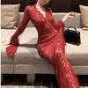 Red Slim Fit Long Sleeve Lace Dress - Spring/Summer Waist-Cinched Evening Gown with French Royal Elegance