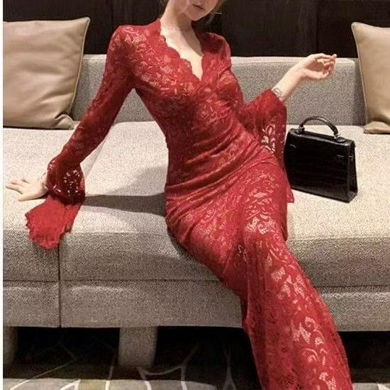 Red Slim Fit Long Sleeve Lace Dress - Spring/Summer Waist-Cinched Evening Gown with French Royal Elegance