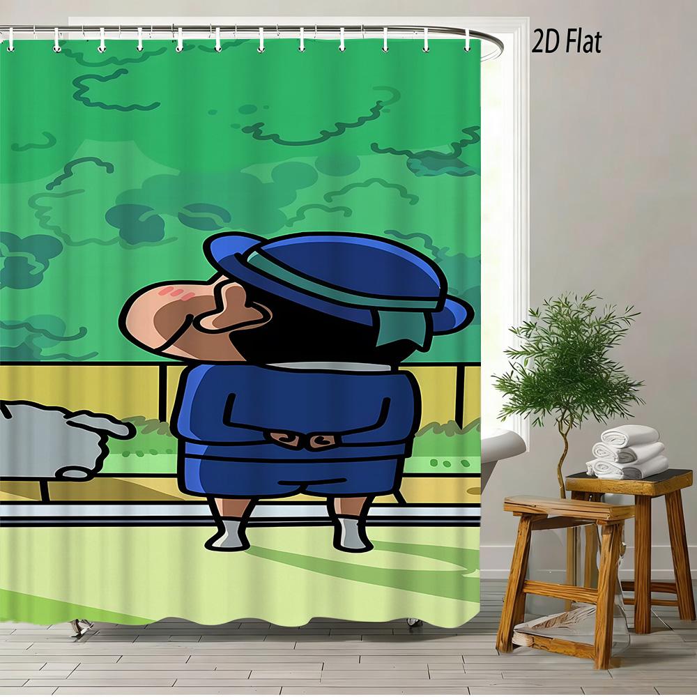 Crayon Shin-Chan & Shiro Checkerboard Pattern With Camera & Radio 2D Print Waterproof Shower Curtain, Yellow & White Bathroom De