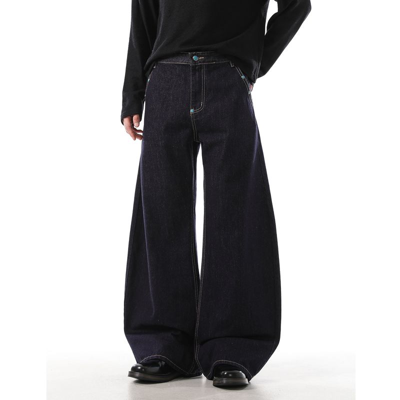 

Acrardic Fashion Brand Simple Rivet Machete Jeans Men s American-Style Handsome Cleanfit Wide-Leg All-Match Pants Dark Blue 2XL