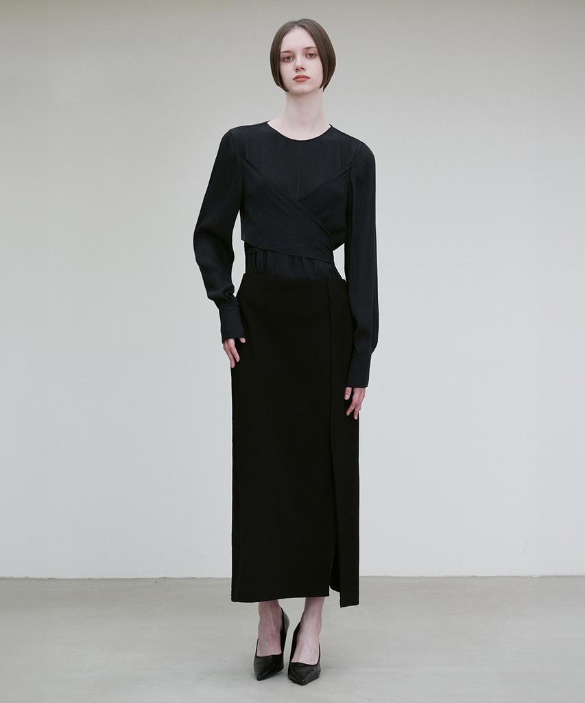 RE RHEE Pleated Wrap-Around Blouse Black