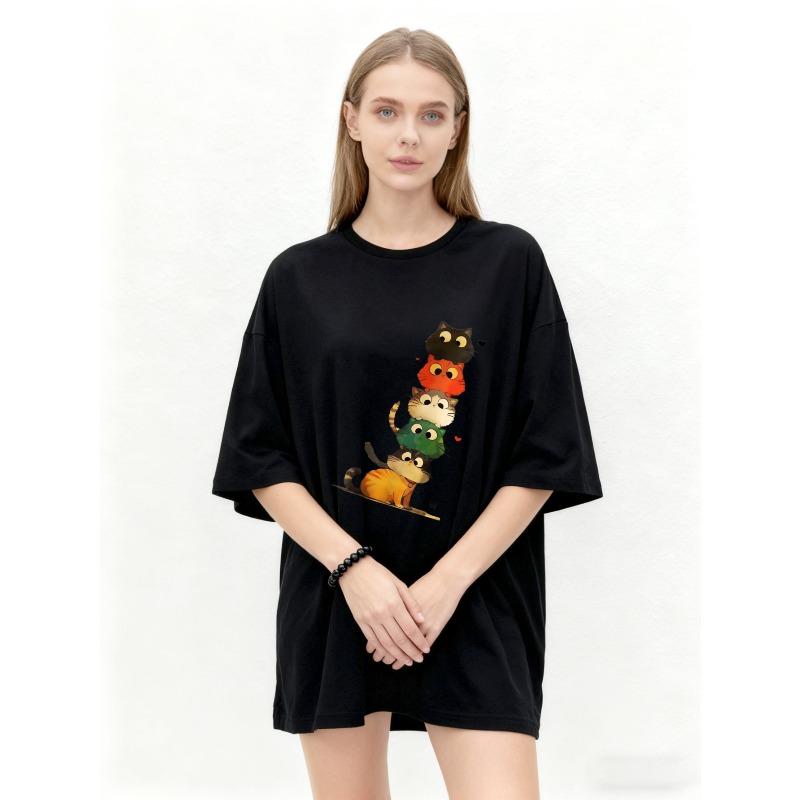 Oversized T Shirt Black Cat Stack Print Casual Wear For Women Summer Fashion Streetwear Loose Fit Top Graphic Tee