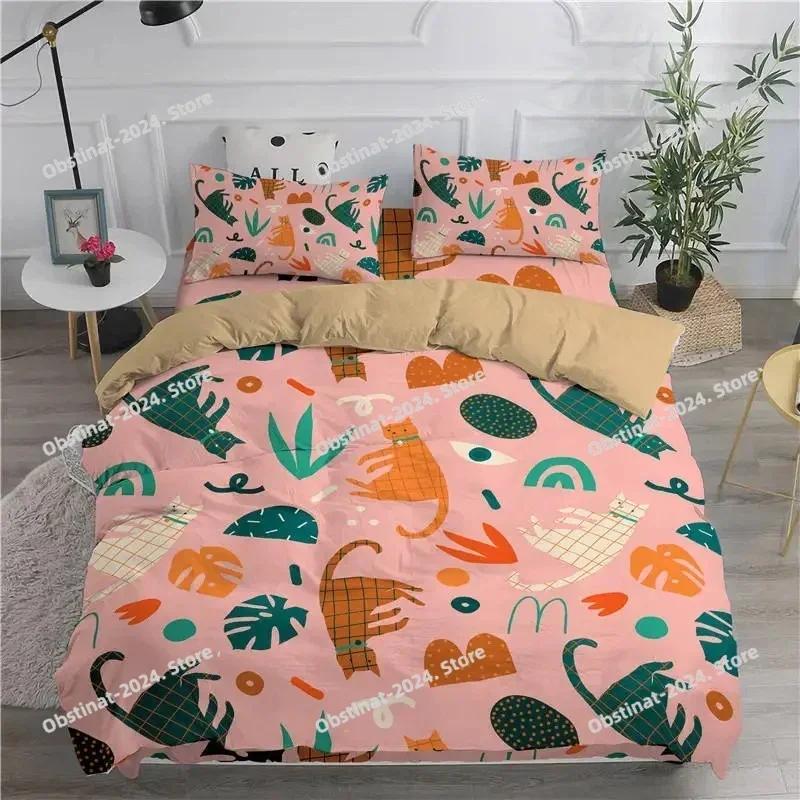 Set de lenjerie de pat de desene animate Pisici drăguțe Imprimate Set 3D Husă de pilotă Mărime Twin Full Queen King Dublu Față de pernă Lenjerie de pat Poliester moale EU Single 135*200cm/53x79in 3pcs
