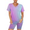 Women's Gradual Change Printing V-Neck Short Sleeve Top And Pants Set