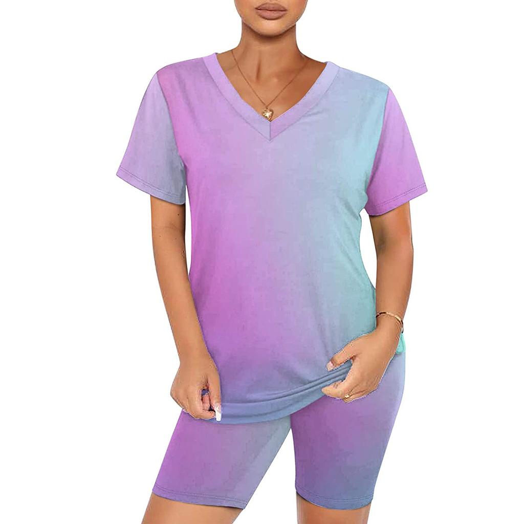 Women's Gradual Change Printing V-Neck Short Sleeve Top And Pants Set