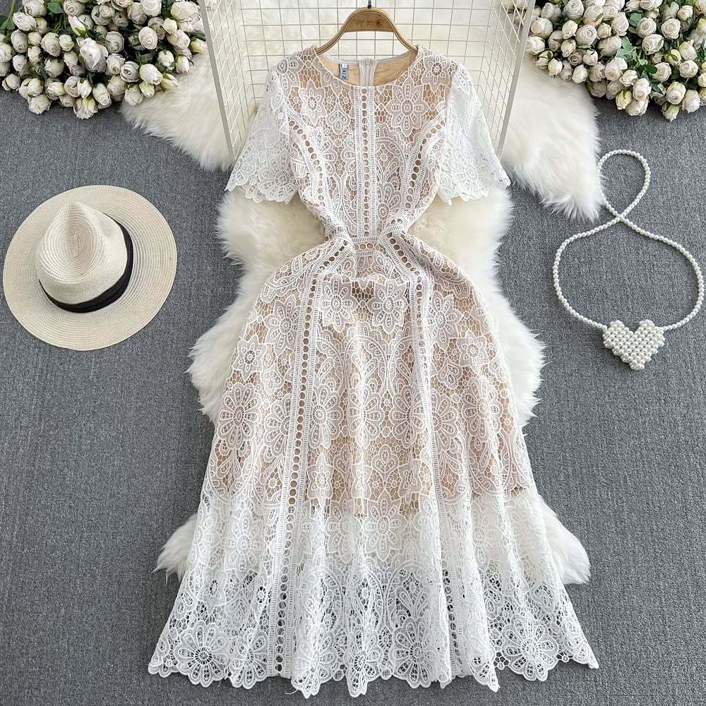 Abito Estivo Donna Vintage Casual in Pizzo Scollo O Manica a Farfalla Zip Gancio Fiore Intrecciato Slim Ricamo Lungo