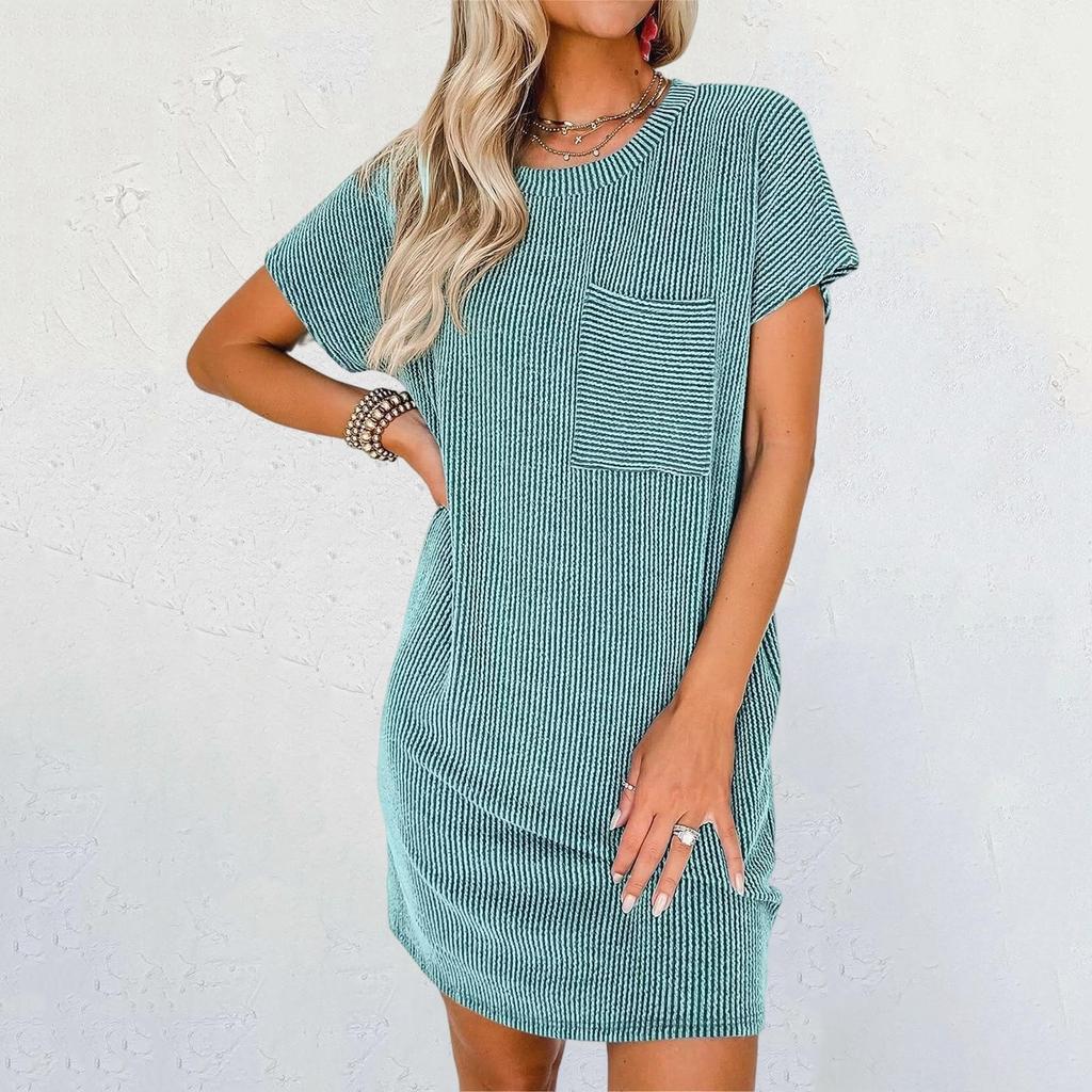 Damen Lässiges Modekontrastfarbenes verdrehtes Streifen-Kurzarmtaschenkleid