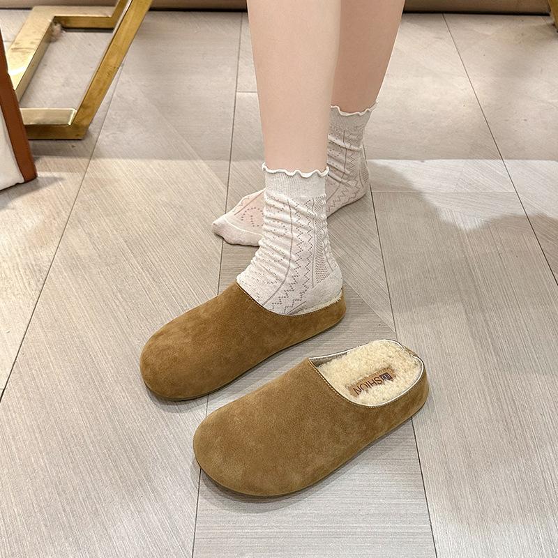 Thick-bottomed Semi-towed Fluffy Slippers for Women To Wear New Autumn and Winter One-pedal Piled Cotton Slippers