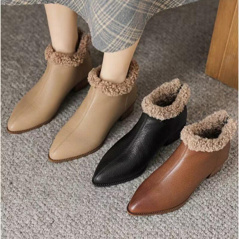 Women Ankle Snow Boots Elegant Pointed Toe Warm Short Plush Mid Heels Shoes Woman Winter New 2025 Trend Chelsea Fashion Botas