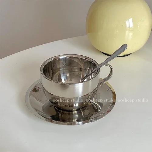 

British Style 304 Stainless Steel Coffee Cup Dish Spoon Industrial Style European Three Piece Latte Cup Concentrated Milk 180ml -280ml