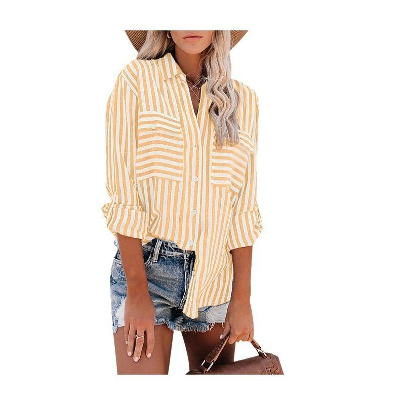 Women Striped Button Down Shirt Casual Loose Pocket Blouse Long Sleeve Top