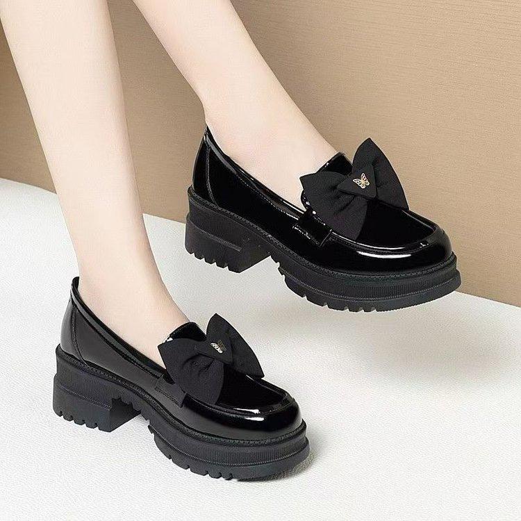 New Patent Leather Bow Single Shoes Thick Heel Platform British Style Black Small Leather Shoes