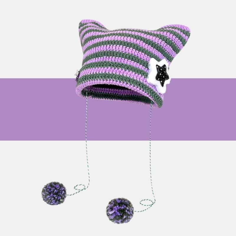 Y2K Beanie Hat Ins Devil Ear Striped Knitted Cap Autumn Winter Hip-hop Cute Cat Ears Pointed Pullover Women's Hats