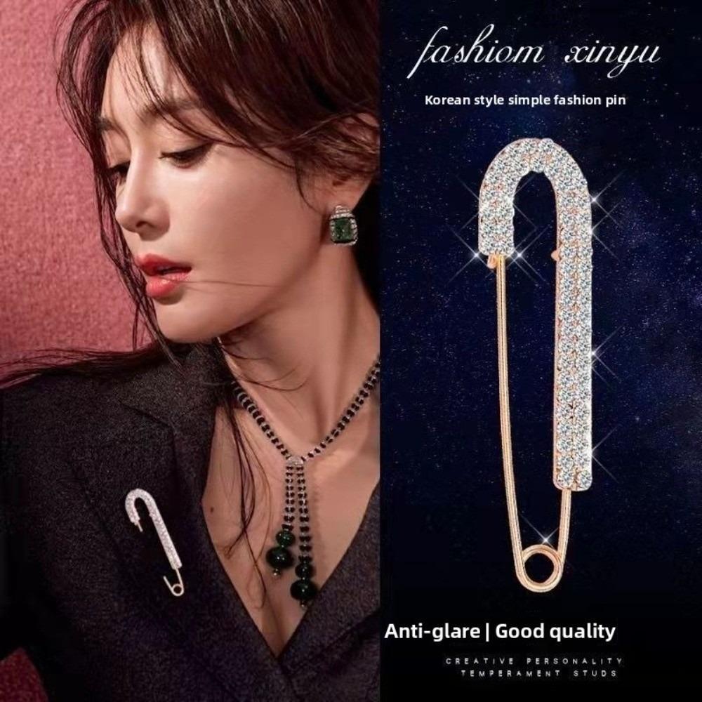 Large Safety Pin Gold Color Jeans Buckle Luxury Rhinestones Brooches Scarf