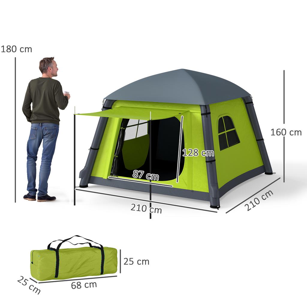 Inflatable Camping Tent w/ Hand Pump, Easy Setup 1/2 Person Blow Up Tent Waterproof 190T Taffeta w/ Mesh Windows, Doors and Carry Bag, Green