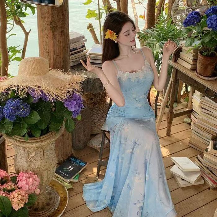 French light blue printed mesh suspender dress women s summer seaside vacation pure desire sexy fishtail hip wrap dress S
