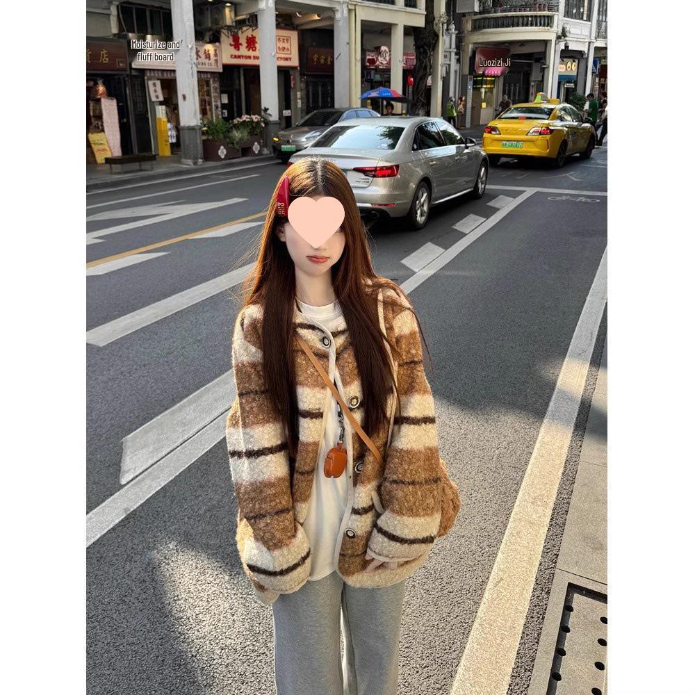 Women’s Korean Retro Striped Hooded Faux Lambswool Coat - Winter Loose Fit Cardigan with Long Sleeves
