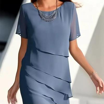 Fashionable Women Summer Casual Dress Comfortable Round Neck Short Sleeve Solid Color Ruffle Edge Flash New Spring Trendy