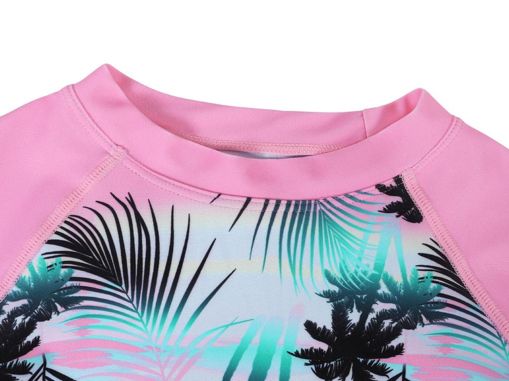 Tropical Plant Print Girls' Long-Sleeved Swimsuit Set with Ruffle Bottoms - Quick-Dry & Sun Protection