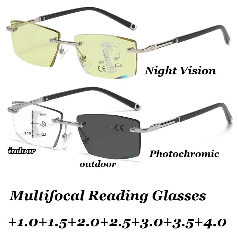 Retro Rimless Progressive Multifocal Reading Glasses Anti-Blue Light Presbyopia Glasses High Definition Night Vision Glasses