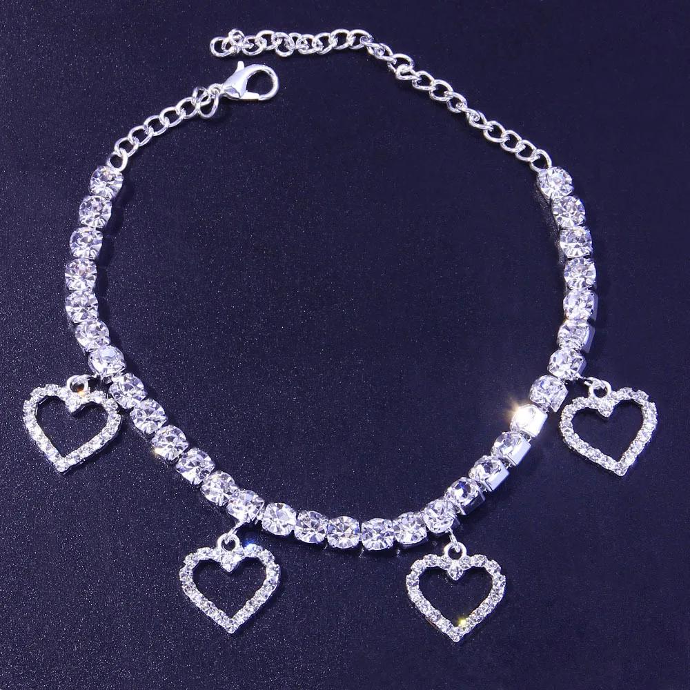 Fashion Rhinestone Hollow Heart Ankle Bracelet for Women Beach Accessories Love Pendant Leg Chain Summer Party Zircon Gift