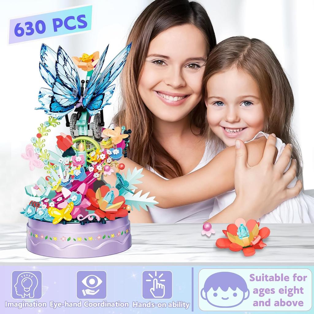 Flower Bouquet Building Kit for Adults, 630 PCS Butterfly Flowers Mini Bricks Building Blocks Bonsai Sets Botanical Collection Home Decor Birthday