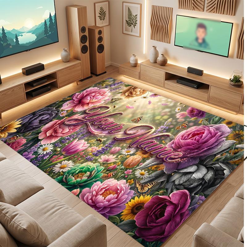 Floral Garden Theme Soft Crystal Velvet Rug Custom Name & Text Print Non Slip Floor Rug for Bedroom Living Room