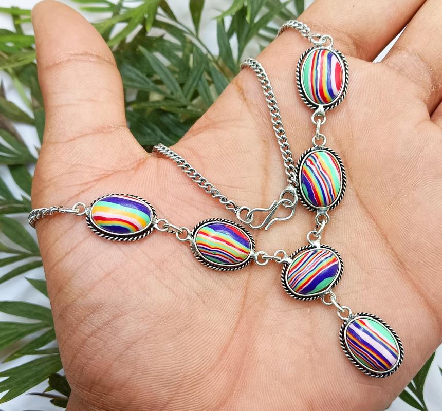 Rainbow Calsilica Gemstone 925 Sterling Silver Plated Unisex Fashion Necklace SH-95