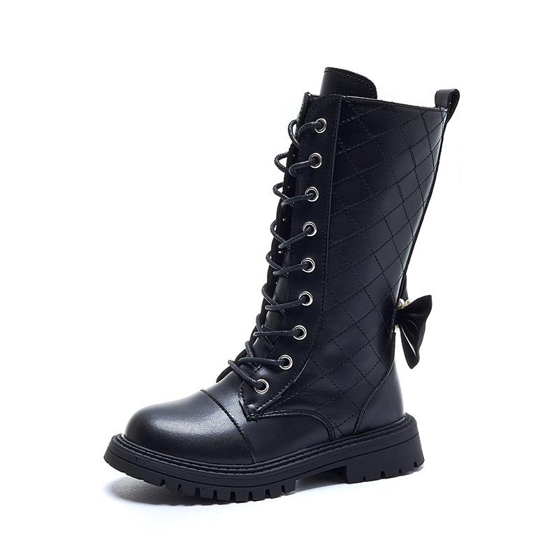 British Style Girls High Boots 2024 New Versatile Autumn and Winter Kids Soft Sole Sweet Simple Non-slip Back Bow Princess Boots