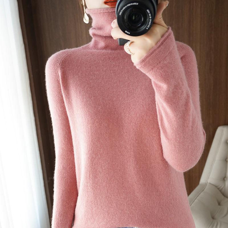 Women's High Neck Knit Sweater: Long Sleeve, Solid Color, Loose Fit, Stylish Autumn/Winter Base Layer