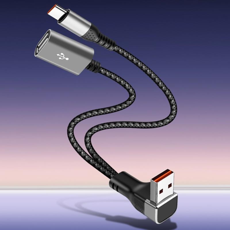 Nylon Braided USB Extension Cord USB to Type c USB Splitter 66W Power Delivery 90Degree Bend Design for Compactly Space