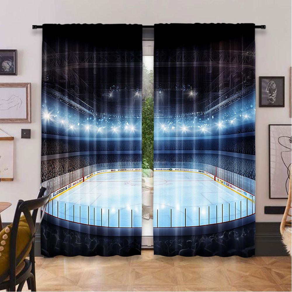 2Pcs Hockey Curtains A Sports Arena Full Of People Fans Audience Tournament Championship Match Living Room Bedroom Window Drapes