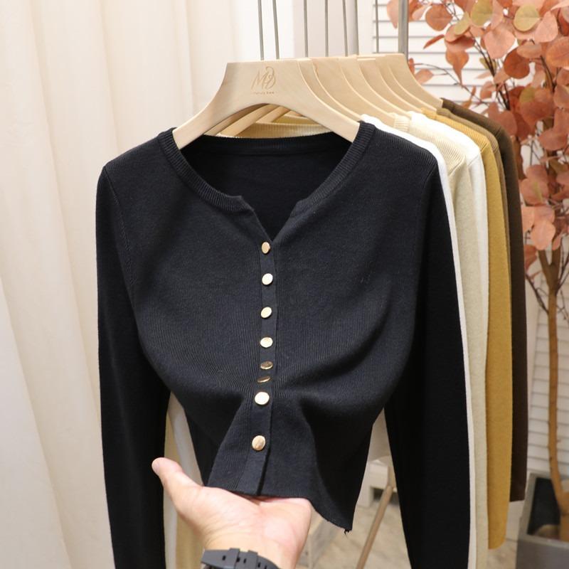 Gentle style solid color metal buckle simple short knitted long-sleeved cardigan v-neck sweater women's autumn and winter top