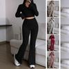 Black Ribbed Knit Crop Top with High Waist Flare Pants Set, Casual Two Piece Outfit for Women