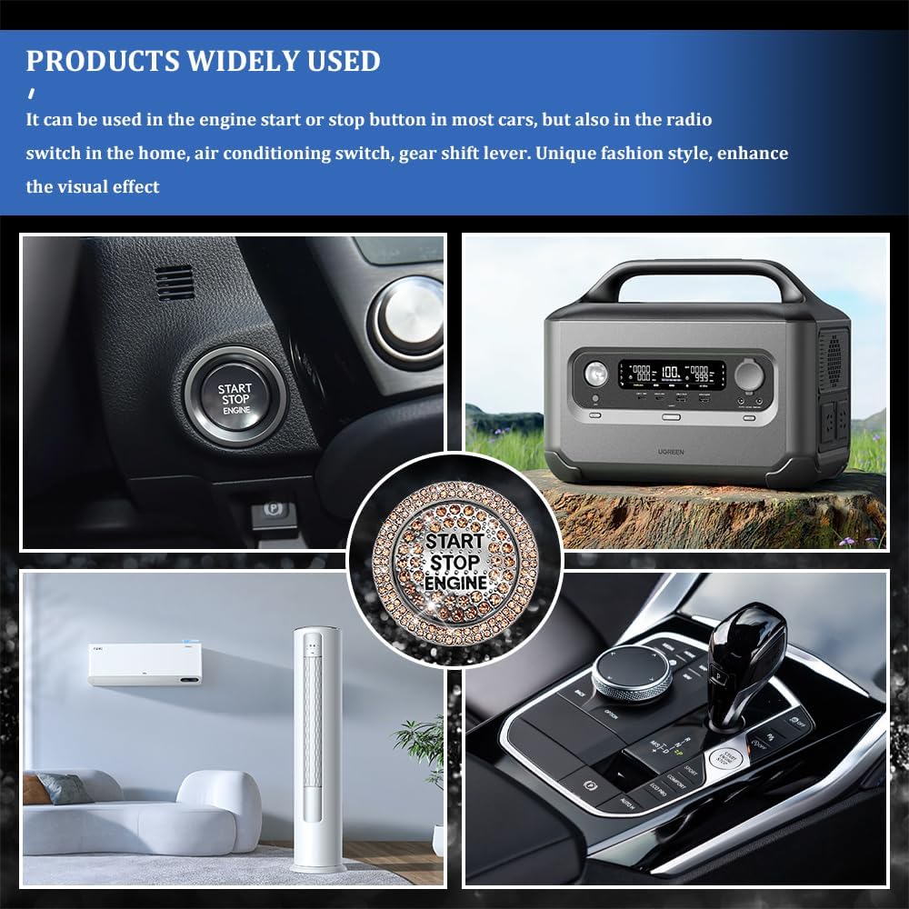 Bling Crystal Car Engine Start Ring Sticker, Sparkling Rhinestone Push Start Button Decorative Cover, Anti-Scratch Key Ignition & Knob Bling Ring,