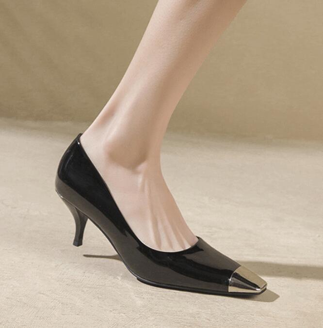 

Fashion 2024 Luxury Pointed Metal Toe Pumps Woman Japanned Leather Shoes Spring Stilletto High Heels Ladies Party Evening Tacones Bridal 6.5 чёрный