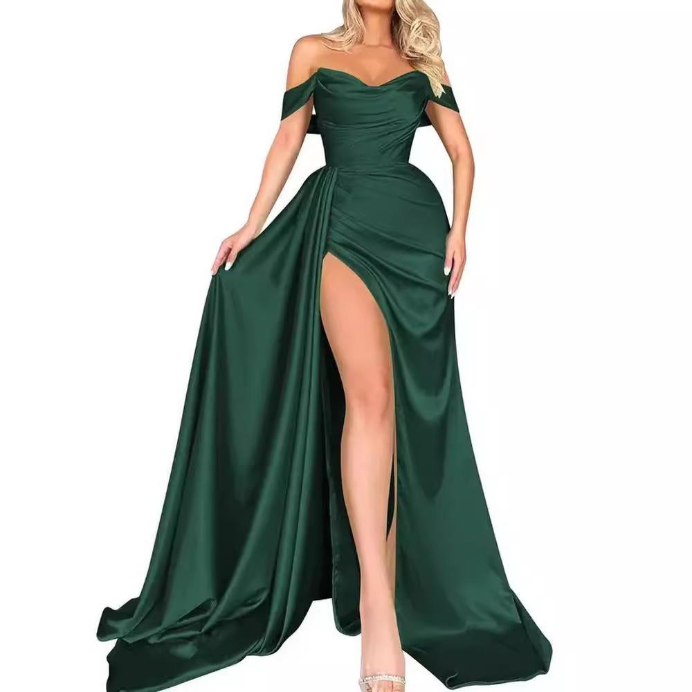 Annual banquet high split sexy host shoulder thin party evening dress
