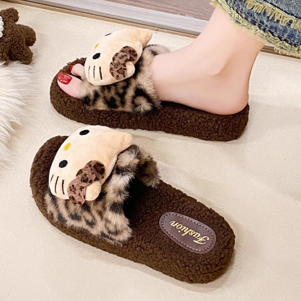Women's Cute Leopard Print Fuzzy Cat Slippers – Cozy Winter Cotton Slide with Thick Sole