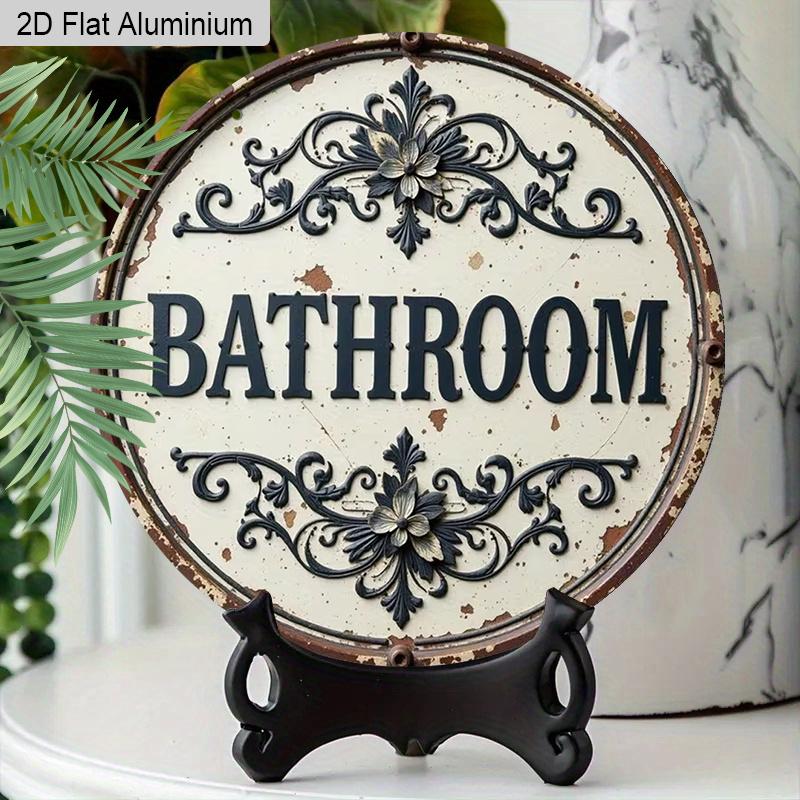 2D Flat Aluminum Rustic Bathroom Sign for Door - Vintage Farmhouse Wall Decor, Round Aluminum Metal Hanging Plaque, Shabby Chic Faux Embossed