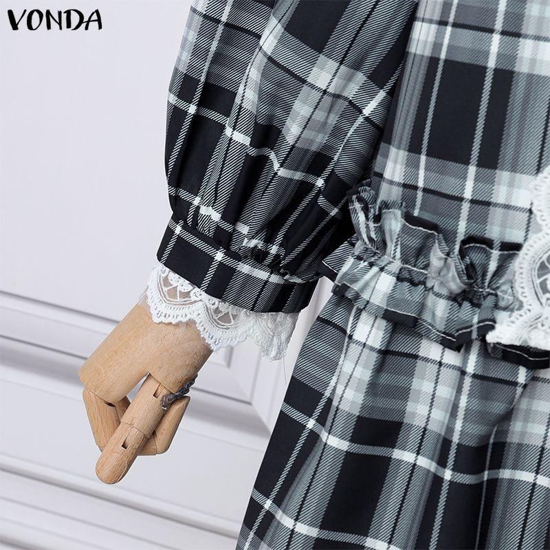 VONDA Elegant Women Casual Long Sleeve Lace Bow Knot Plaid Print Ruffled Dress