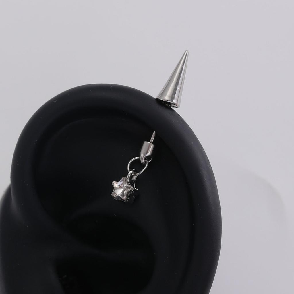 Spike Cone Barbell Piercing Ear Stud with Sparkling Stone Cross Pendant Gothic Cool Unisex Cartilage Ear Jewelry for Daily Street Style Matching