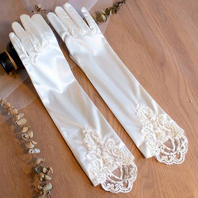2Pc Formal Party Sleeves French Style Lace Satin Gloves Retro Handmade Lace Elegant Eblow Length Dress Accessories
