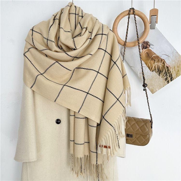New Plaid Scarf for Women in Autumn and Winter Imitation Cashmere Korean Version Simple Versatile Warm Shawl Student Style Tassel Scarf