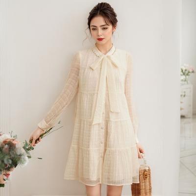 Vestido de Tarta Nuevo de Encaje con Cordones y Cuello Alto Pequeño Vestido Falda de Manga Larga Dulce para Mujer