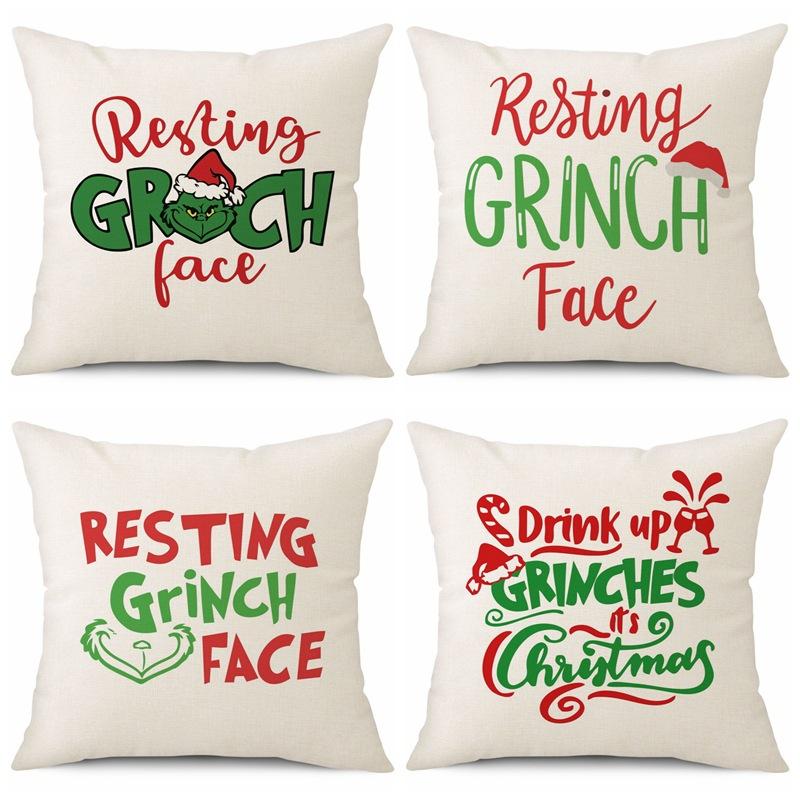 New Funny Designs and Popular Christmas Green Haired Weird Grinch Linen Pillowcase Living Room Bedroom Backrest Cover